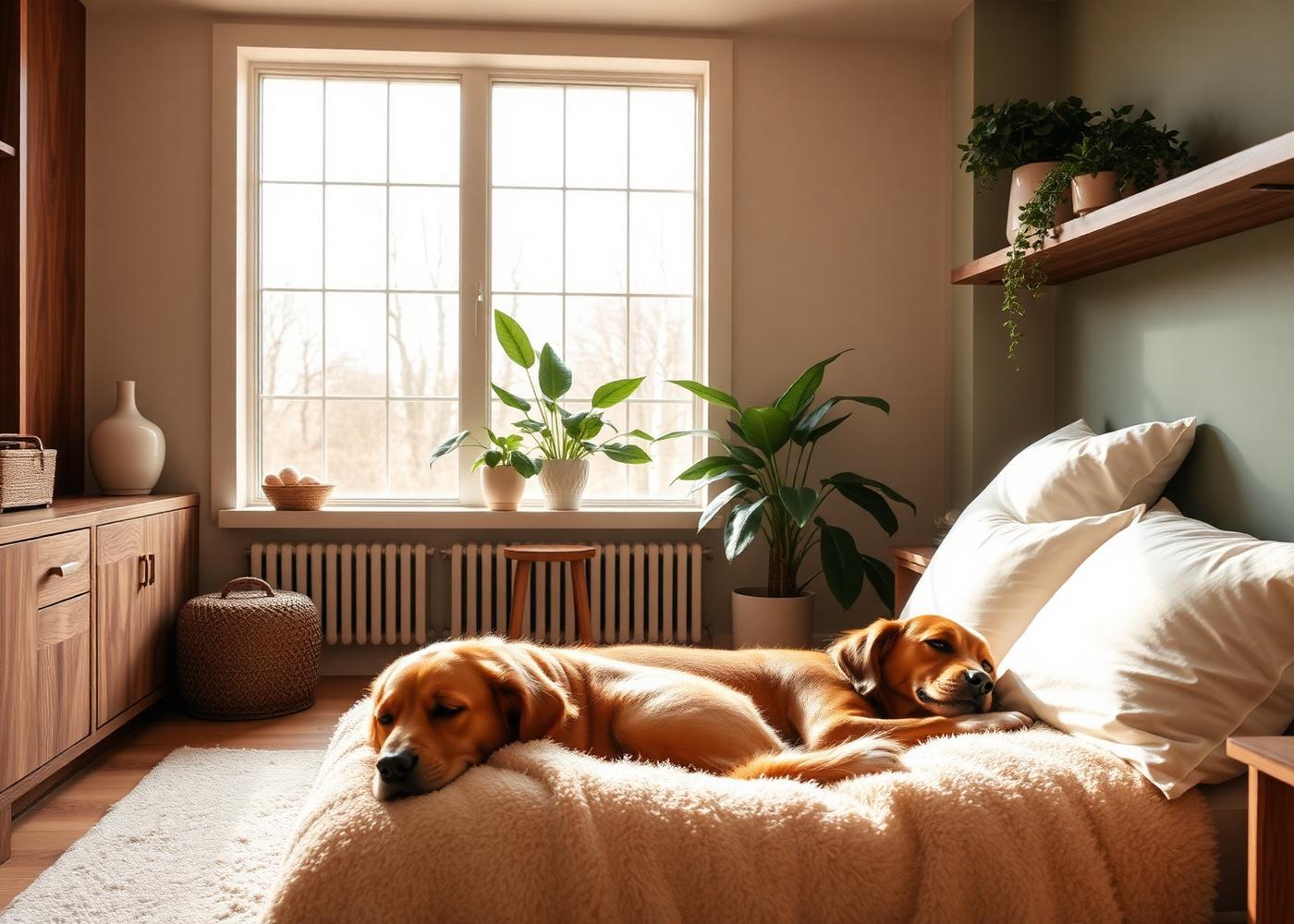 Cosy dog boarding room with soft cream bedding