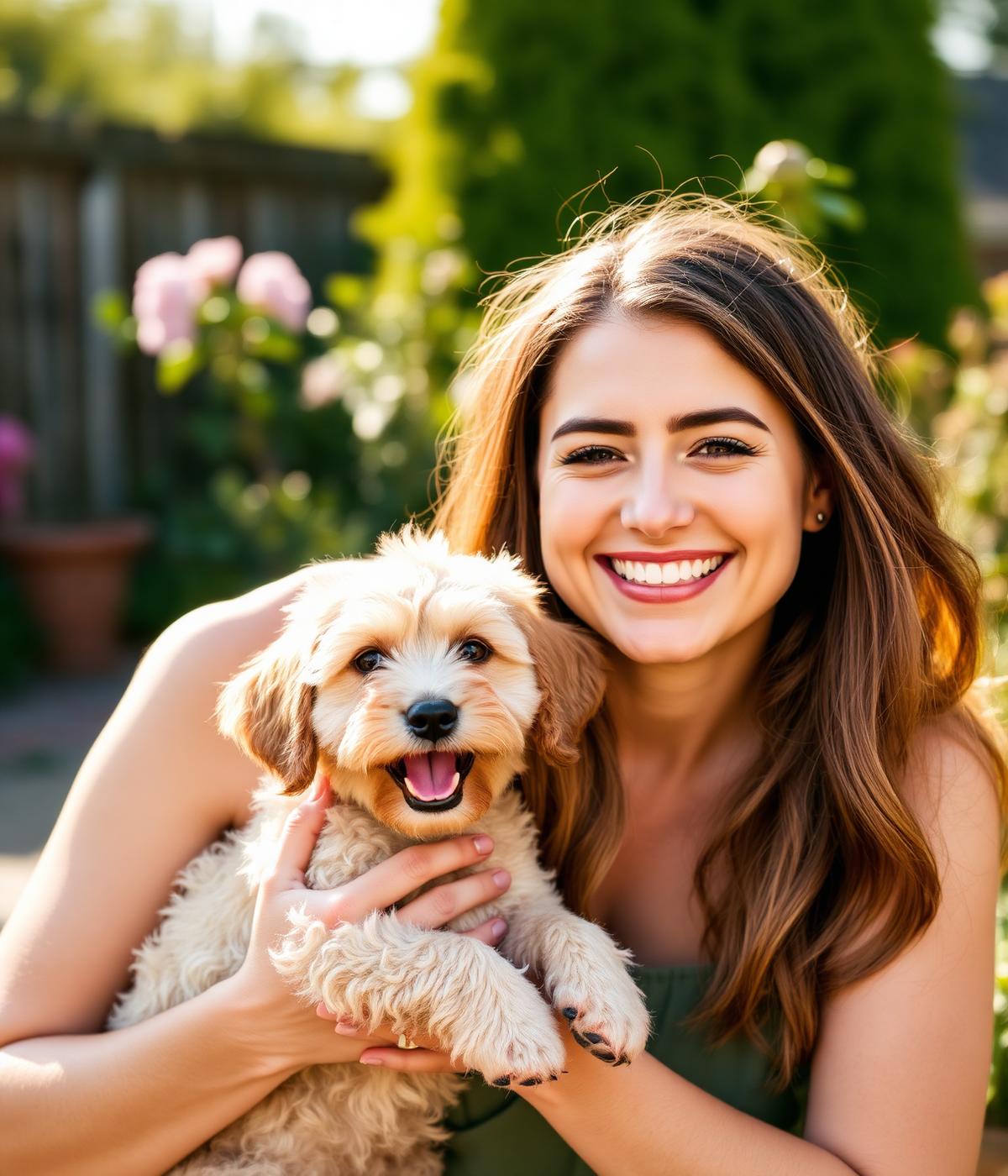 Weronika, dog carer at High Paw Boarding, smiling with a puppy