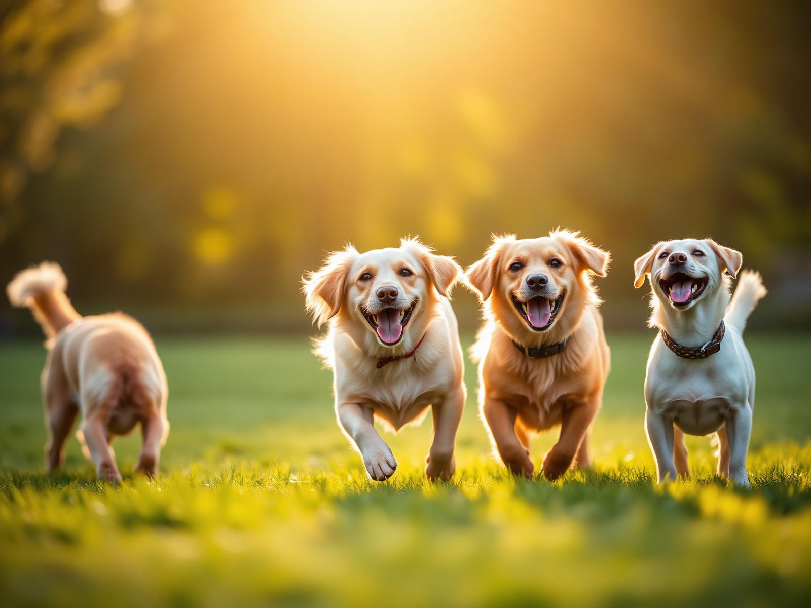 Happy dogs playing together in warm golden sunlight